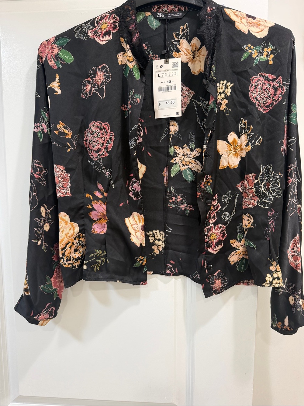 Zara Black Floral Button-Front Top with Peach and Green Accents